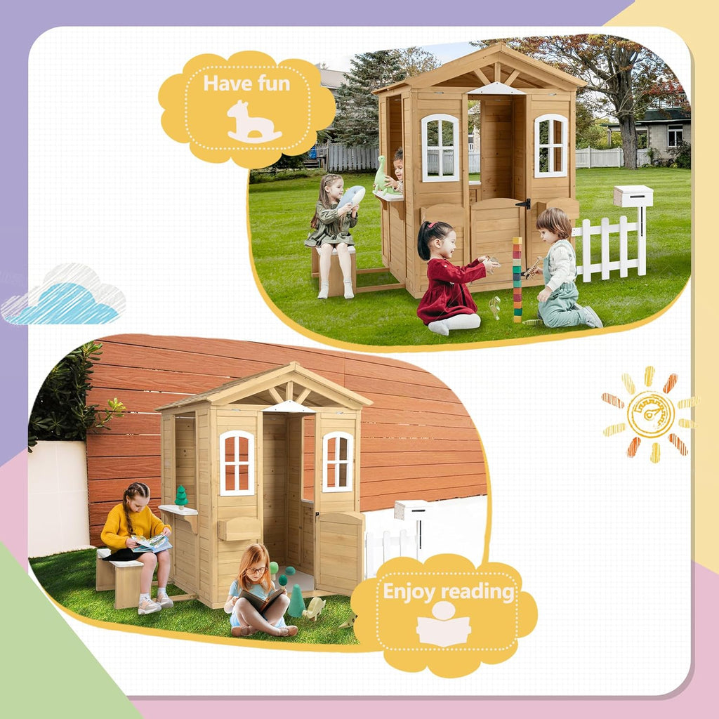 Natural Wooden Playhouse with Working Door, Windows, Mailbox, Bench, Flowers Pot Holder J857
