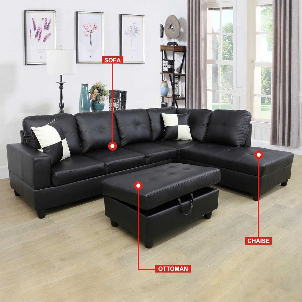 Black Faux Leather 3 Piece L Shape Sectional Sofa Set with Storage Ottoman G8817
