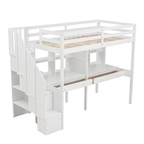 White Twin Size Wood Loft Bed with Stairs and Desks F6679