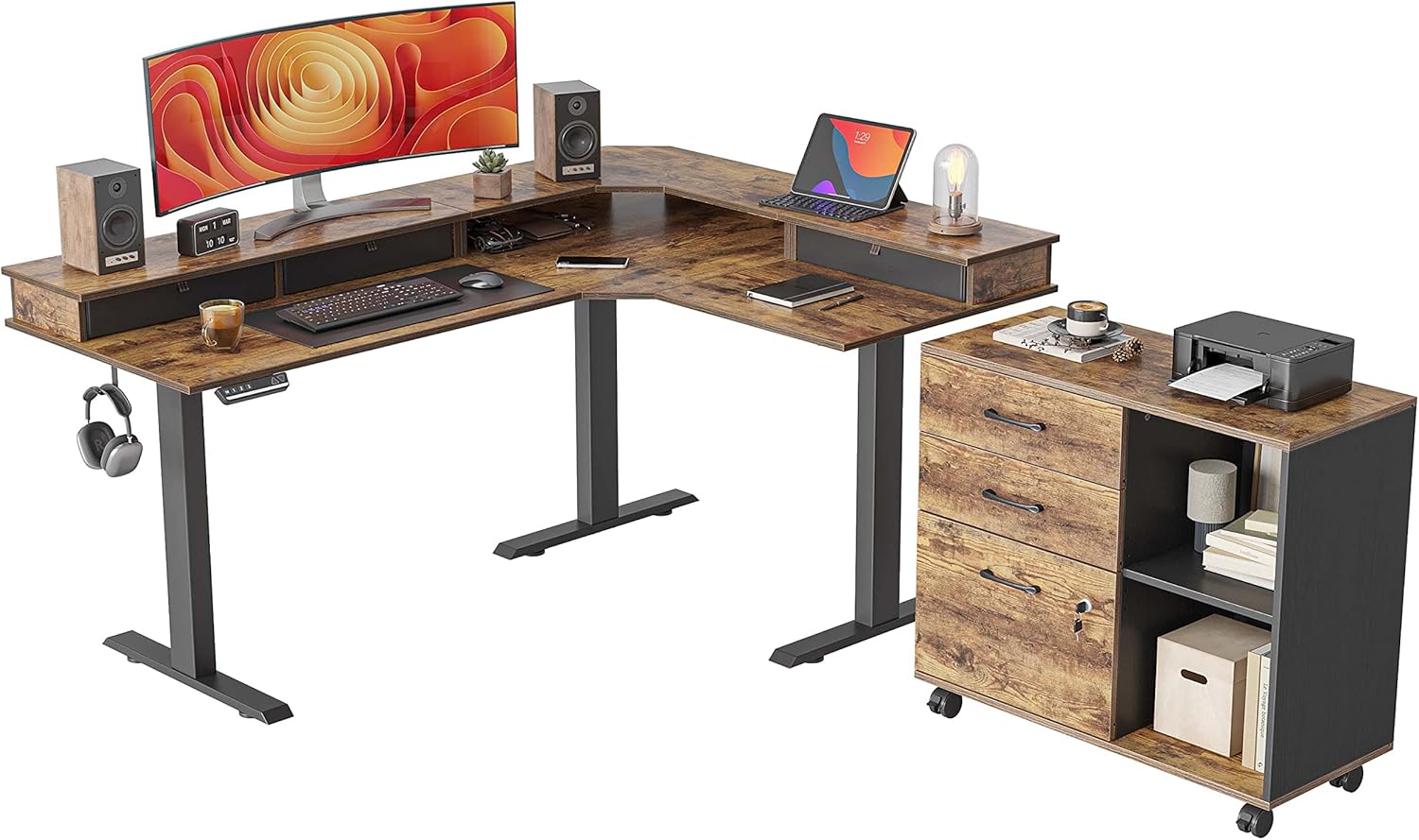 Triple Motor L-Shaped Electric Standing Desk with 3 Drawers, 63 x 24 Inches Rustic Brown Top/Black Frame G474