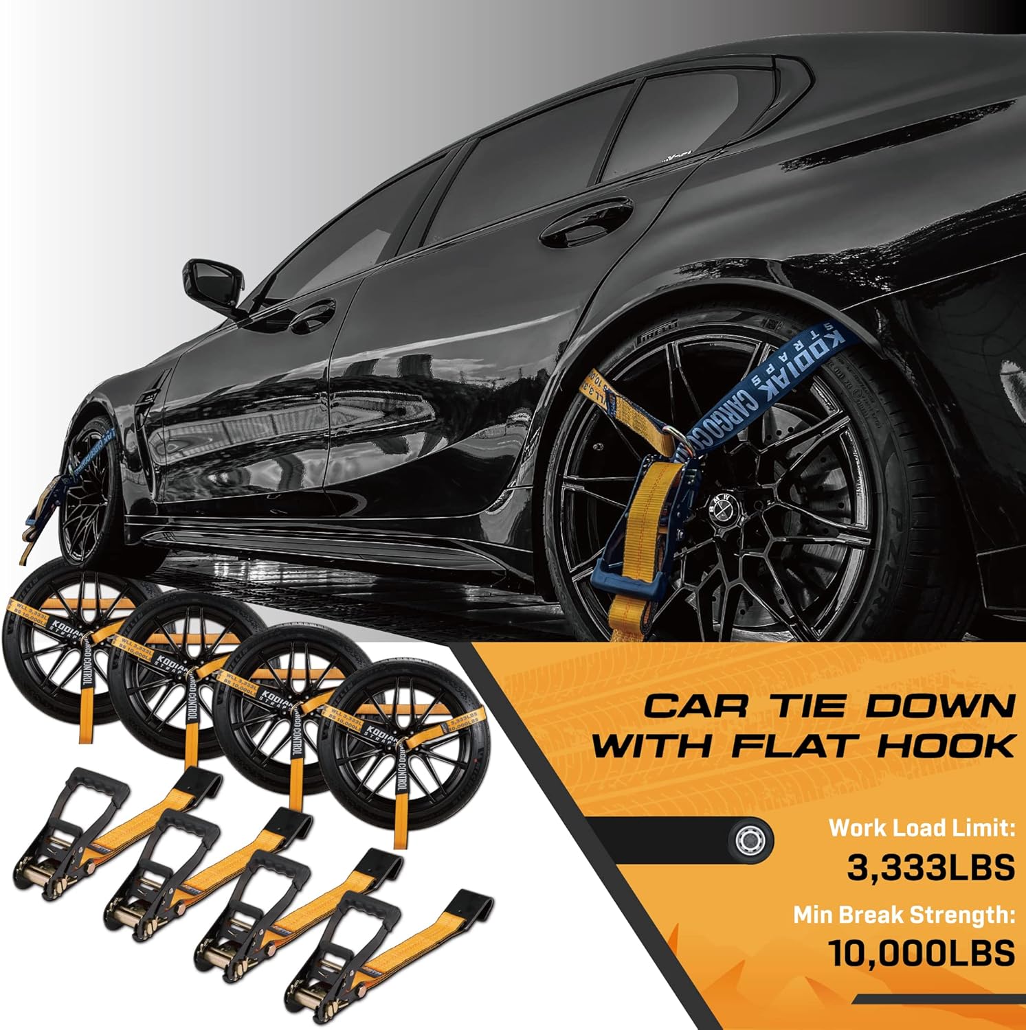 4 Pack Ratchet Car Tie Down Strap with Flat Hooks 2" x 144'' Heavy Duty 10,000lbs Min Break Strength Tire Straps T196627