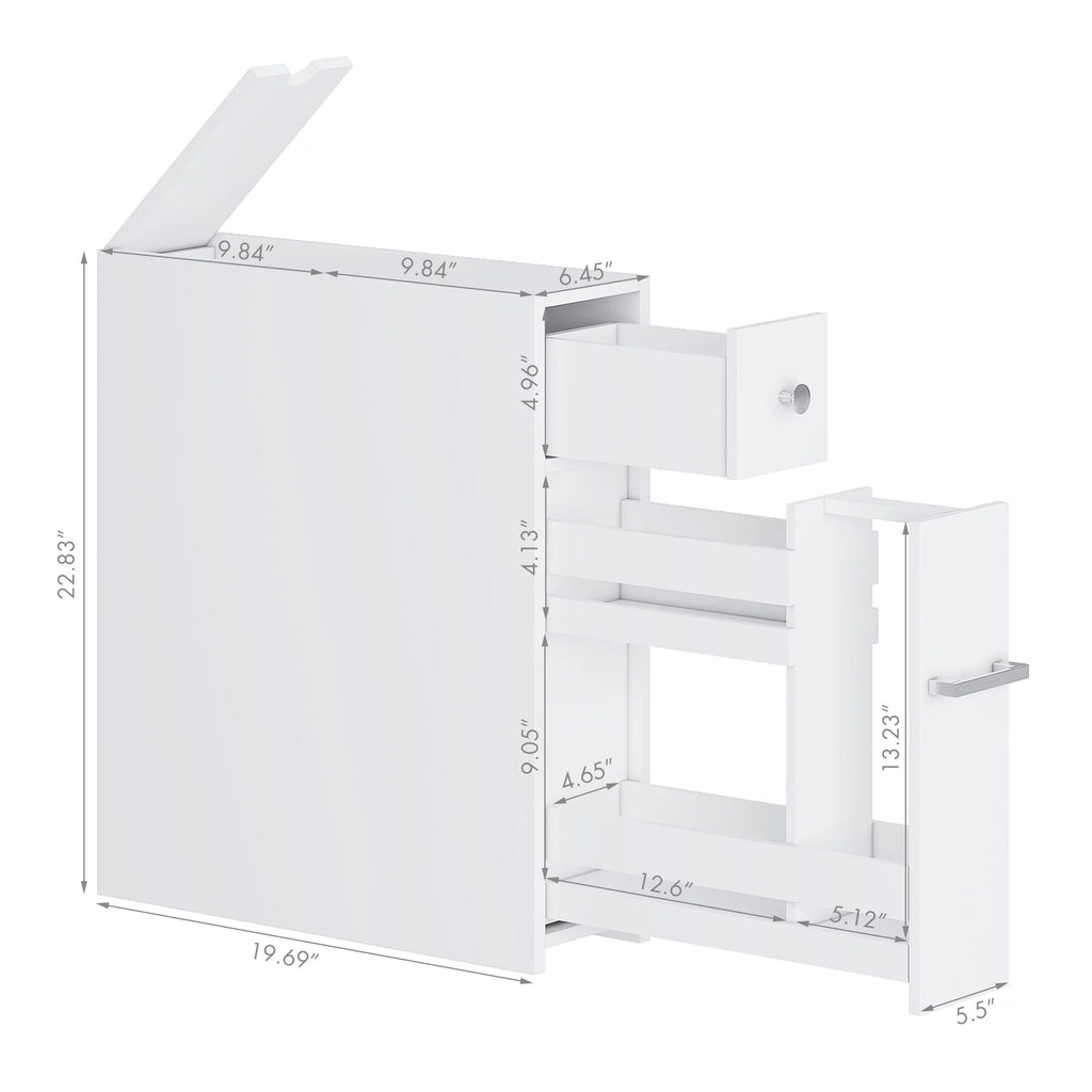 White Slim Bathroom Storage Cabinet with Toilet Paper Holder and Slide Out Drawer S97257