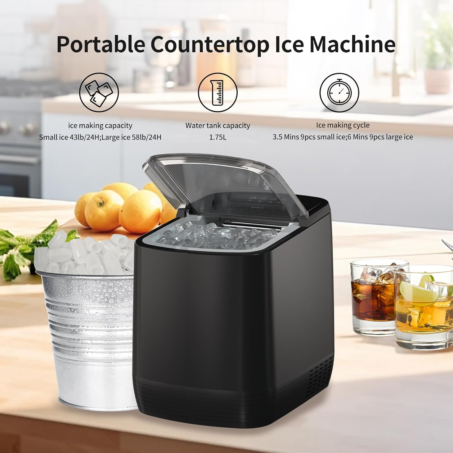 Countertop Ice Maker, 3.5 Minutes Fast Ice Making Machine Auto-Cleaning Function, Portable Ice Maker with Basket and Scoop A503