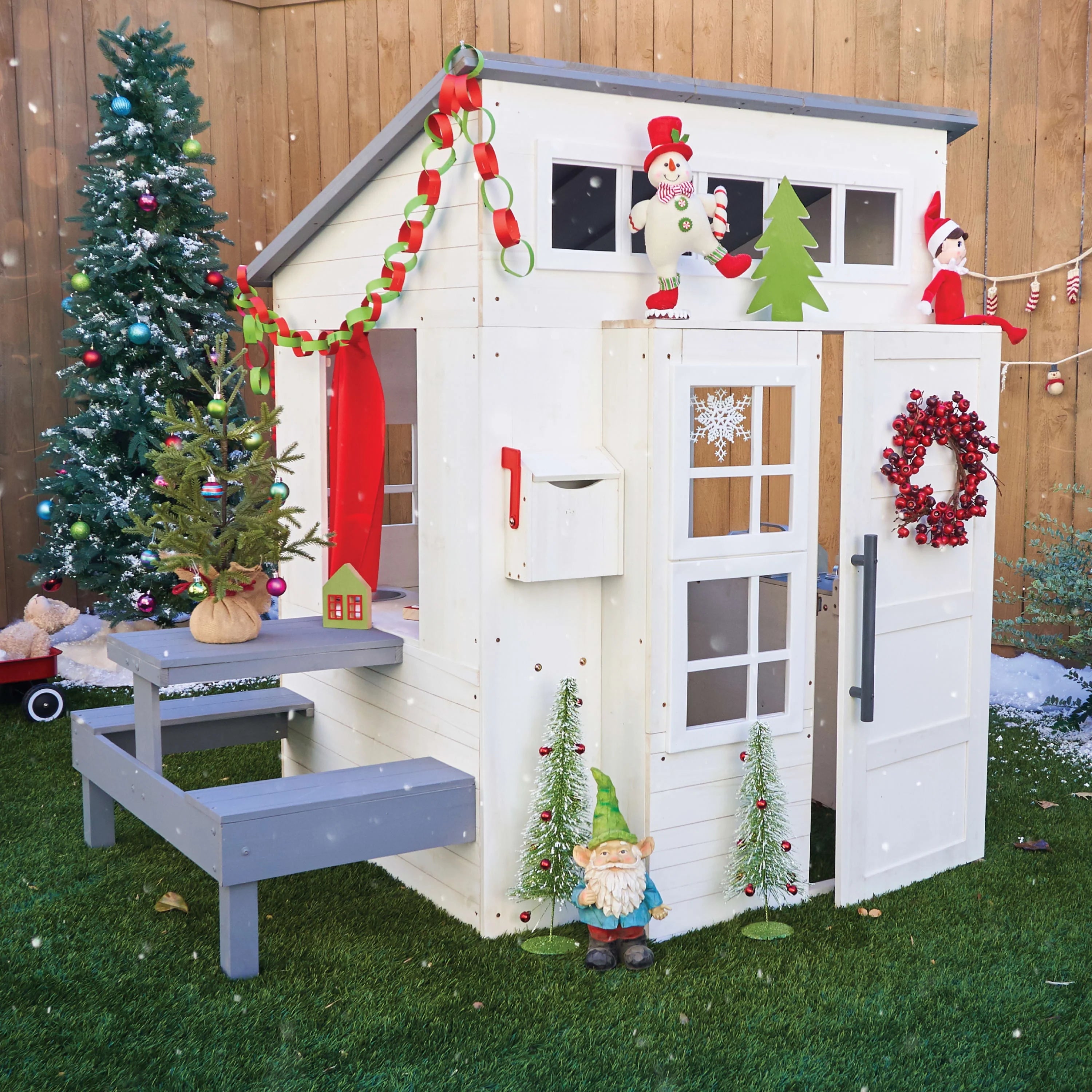 White Wooden Playhouse with Picnic Table, Mailbox & Outdoor Grill R190105