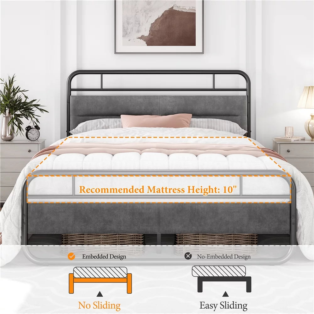 Queen Size Metal Platform Bed with Velvet Upholstered Headboard Dark Gray W98538