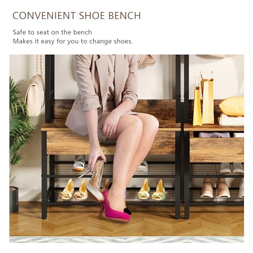 5-in-1 Wood Look Hall Tree with Bench and Shoe Storage, 12 Hooks M84124