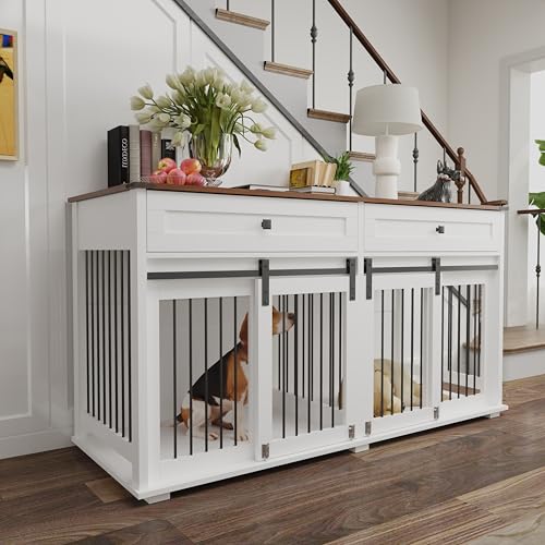 Brown White Dog Crate Furniture for 2 Dogs with Sliding Barn Door G787