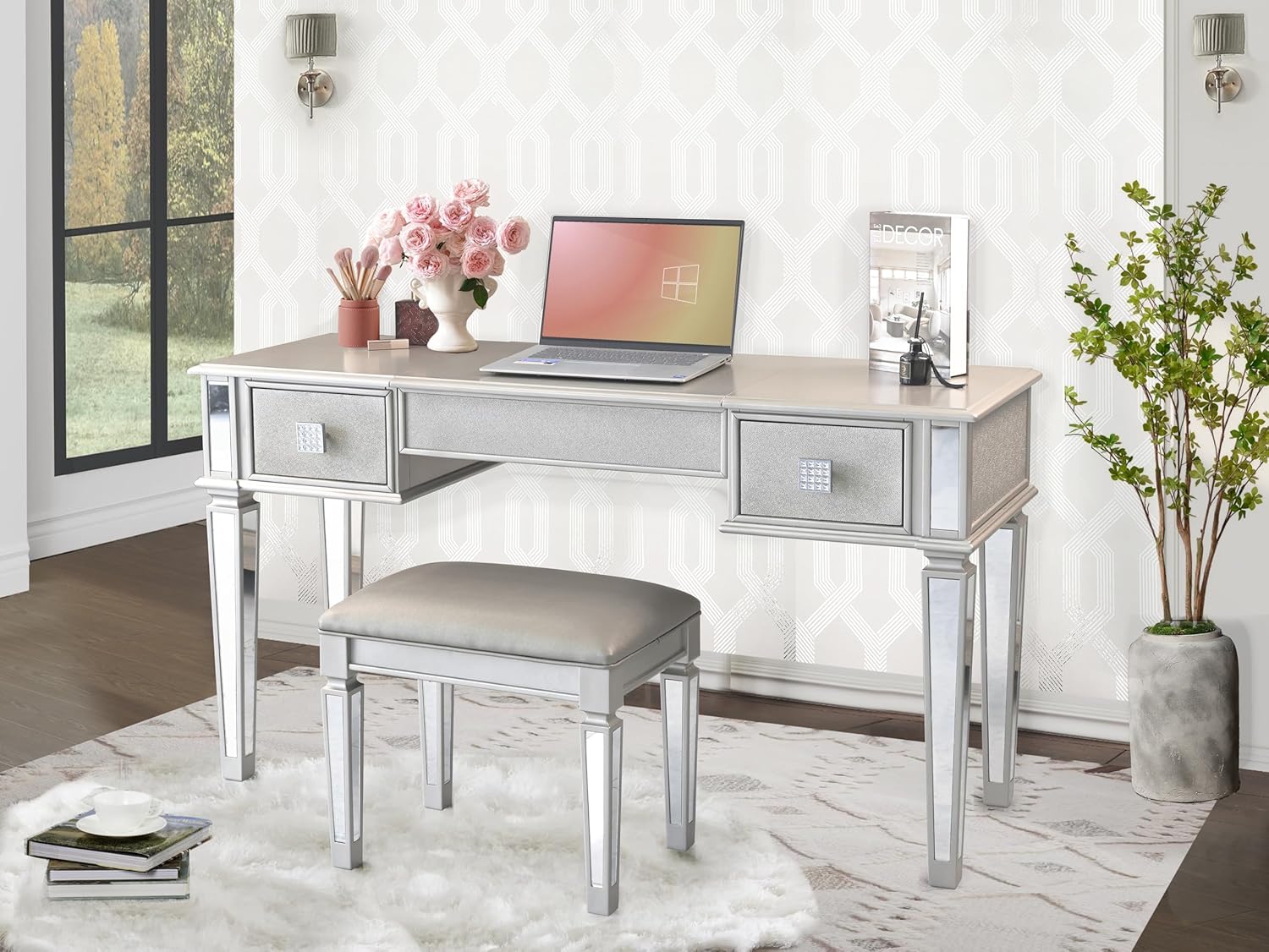Mirrored Vanity Desk with Drawers and Stool G54363