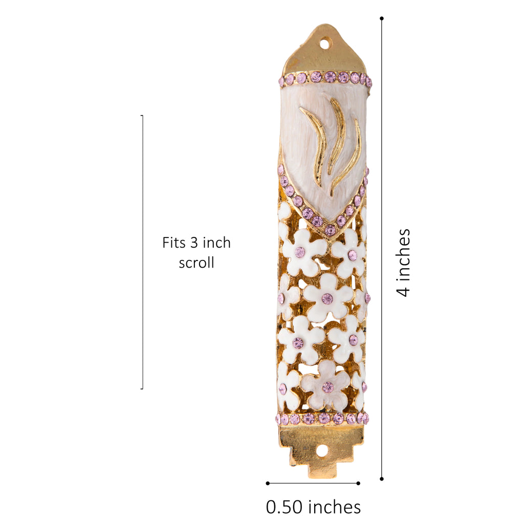 Hand Painted Enamel Mezuzah with Gold Accents and Purple Crystals J1783