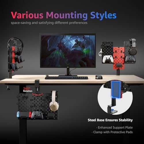 Modular Headphone and Controller Holder, Clamp-on Pegboard, Rotatable Controller Stand with Cable Hooks, 3Pcs Pegboard, Red E705903