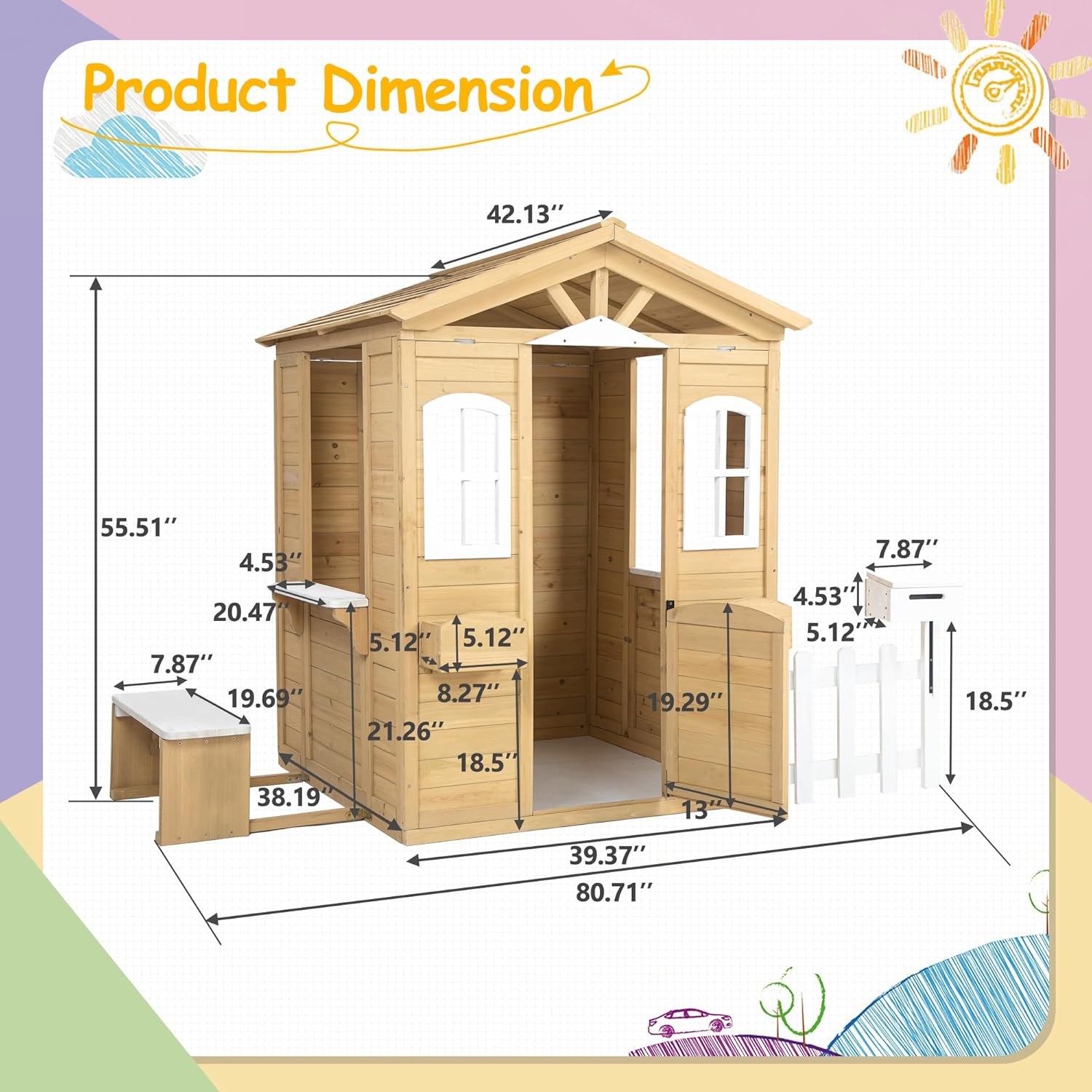 Natural Wooden Playhouse with Working Door, Windows, Mailbox, Bench, Flowers Pot Holder J857