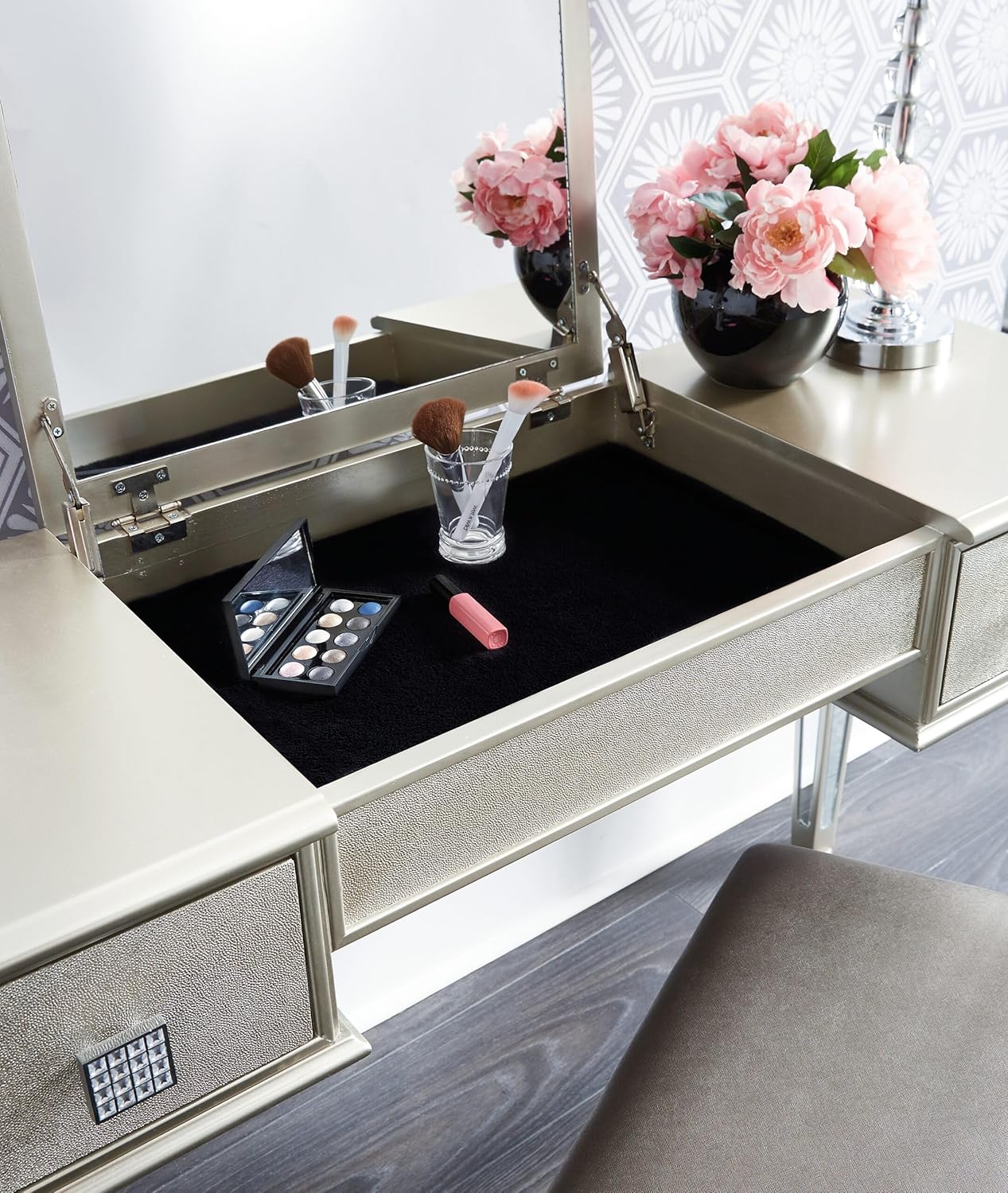 Mirrored Vanity Desk with Drawers and Stool G54363