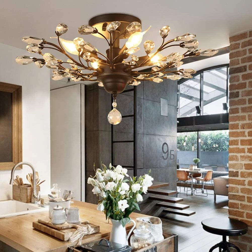 Vintage Large Crystal Semi Flush Mount Ceiling Light Fixture Chandelier L28705