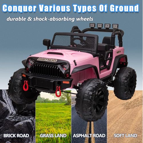 24V Electric Cars Vehicles Toys for Kids -2 Seater, 4x200W Powerful Wheels 4WD Ride on Truck Kids with 3 Speed Remote Control Spring Suspension, Bluetooth, MP3 Music, Soft Brake (Hot Pink) F15319