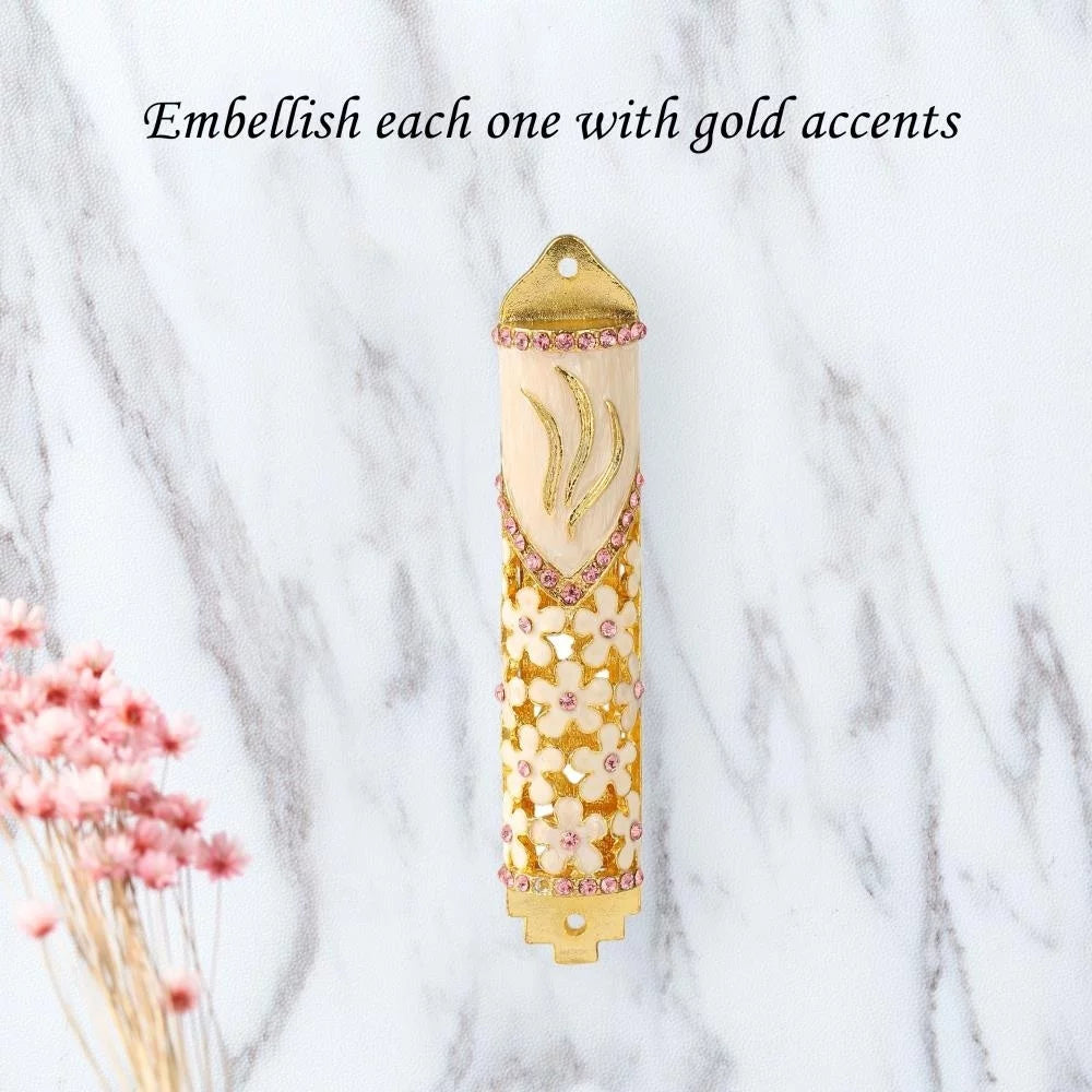 Hand Painted Enamel Mezuzah with Gold Accents and Purple Crystals J1783