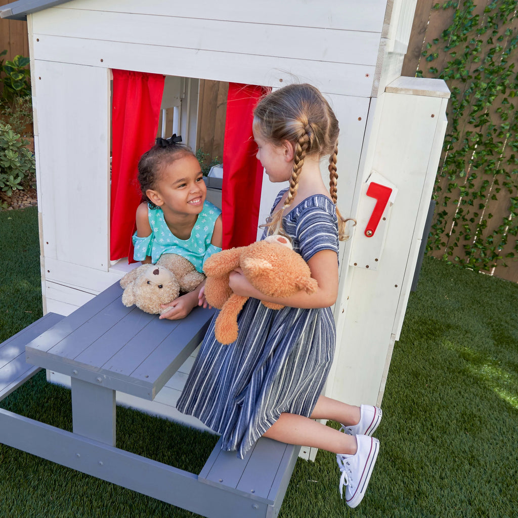 White Wooden Playhouse with Picnic Table, Mailbox & Outdoor Grill R190105