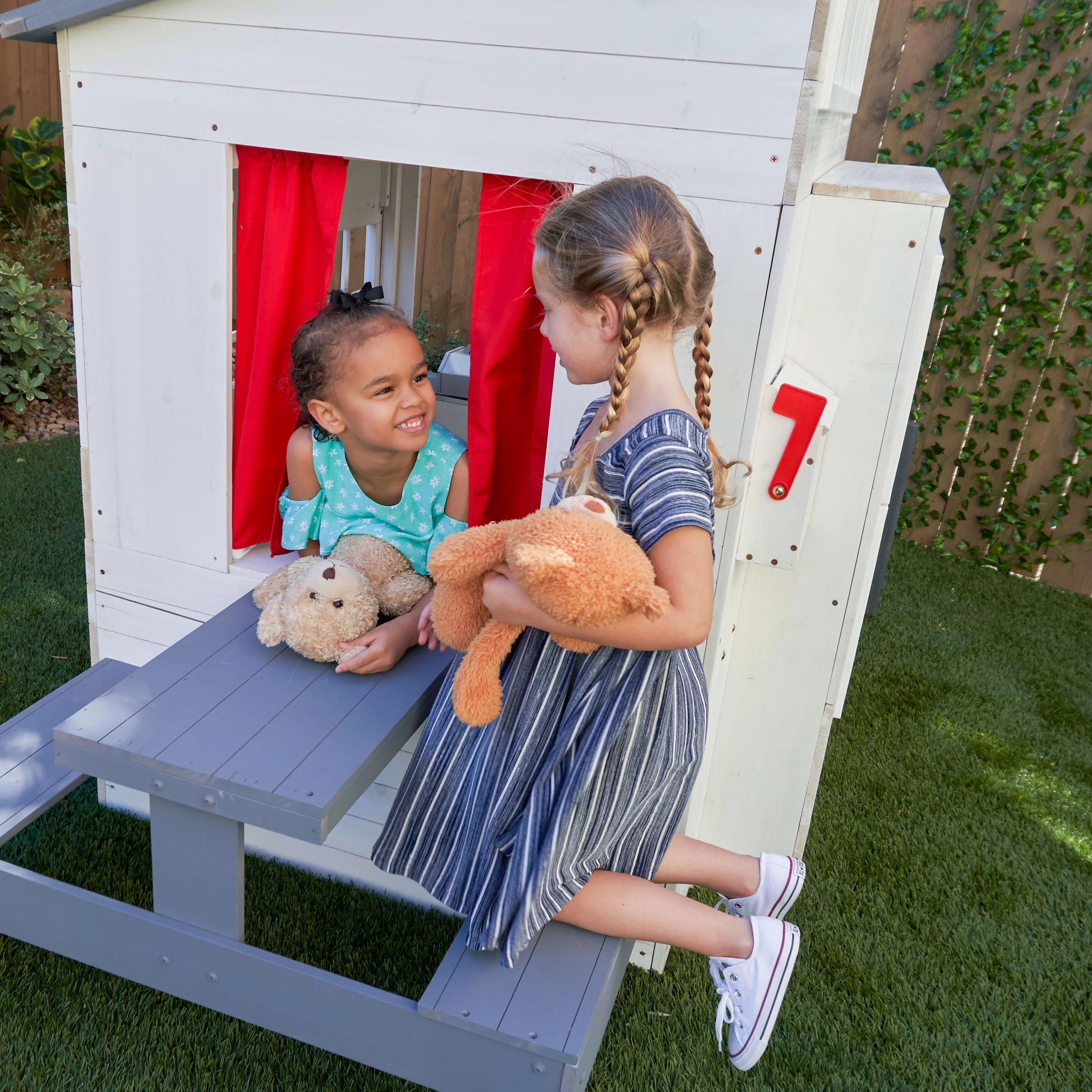 White Wooden Playhouse with Picnic Table, Mailbox & Outdoor Grill R190105