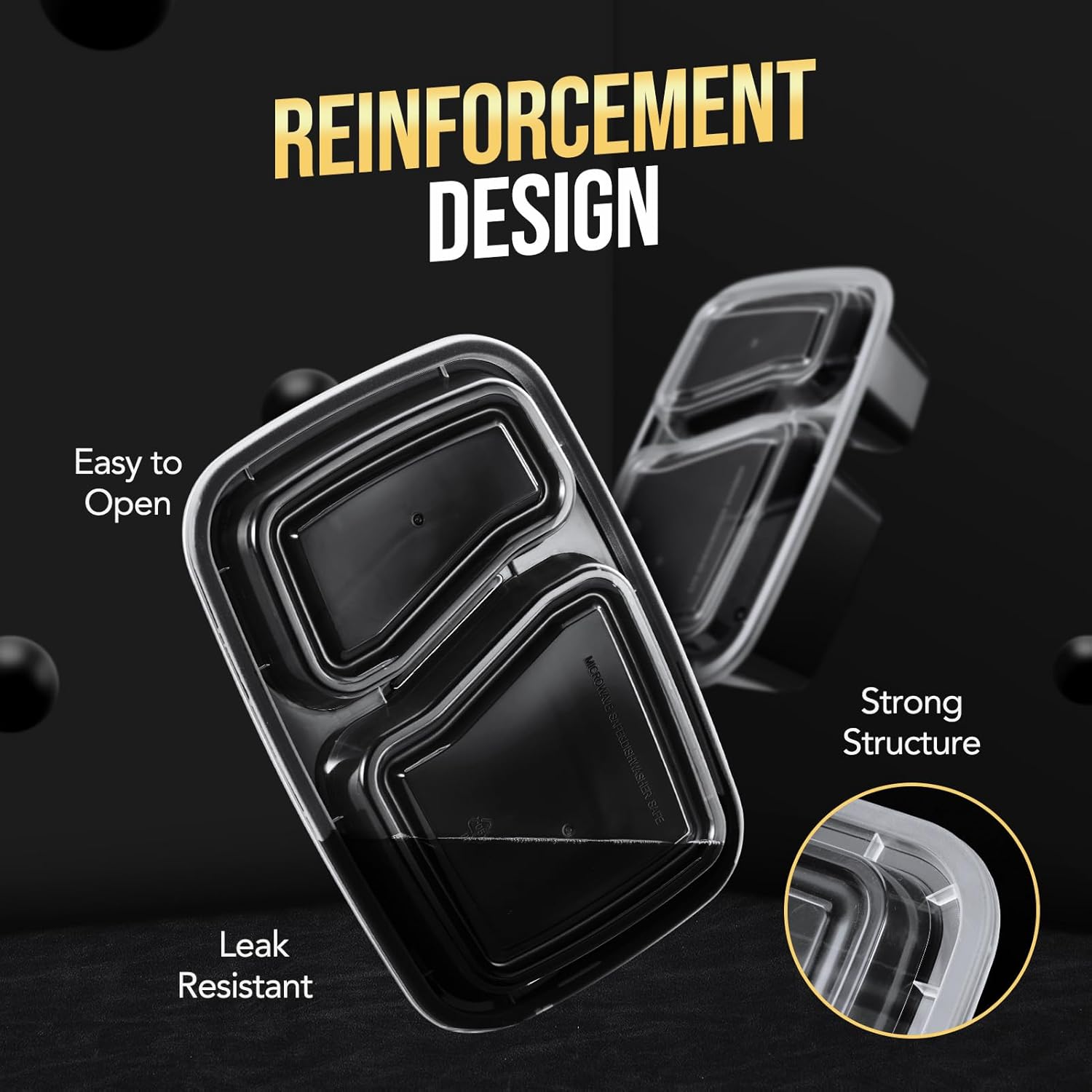 50 Pack 32oz 2 Compartment Meal Prep Container Microwave Safe BPA-Free Black X4212