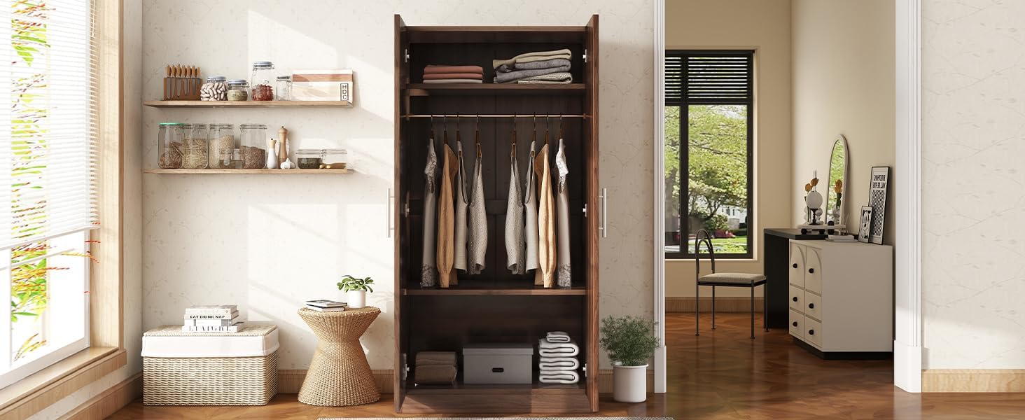 Brown Wooden Armoire with Hanging Rod and Storage Shelves A9302