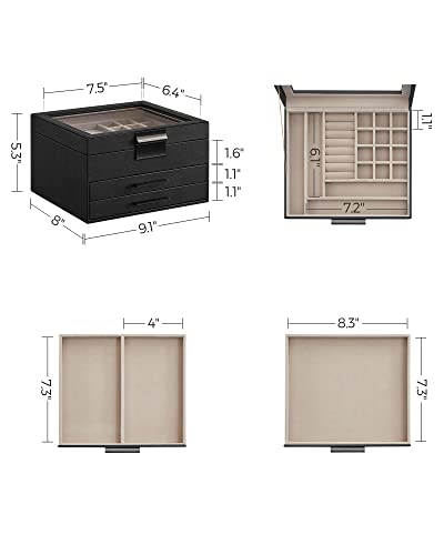4-Layer Jewelry Organizer with Glass Lid, 3 Drawers, Dove Gray and Gold N186364