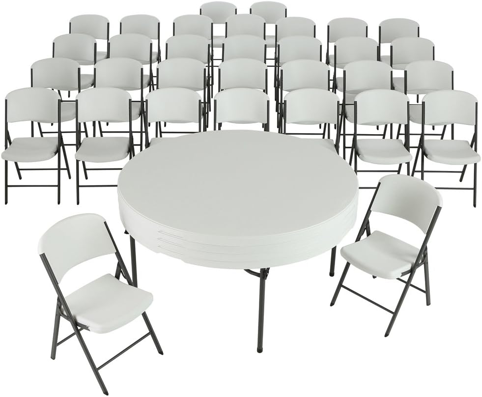 4 60-Inch Round Folding Tables with 32 Folding Chairs White Granite O142