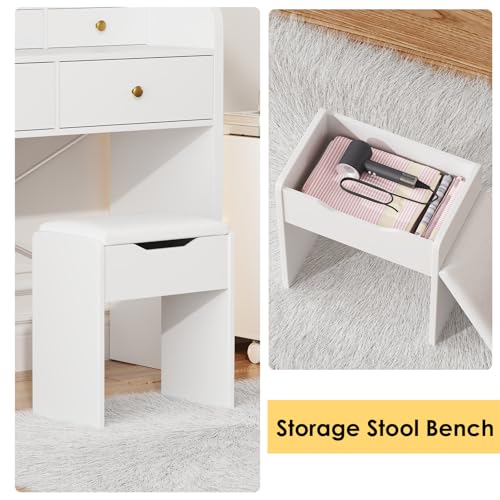 White Vanity Desk with Mirror and Lights, Drawers, Storage Stool, 41" Mirror H794693