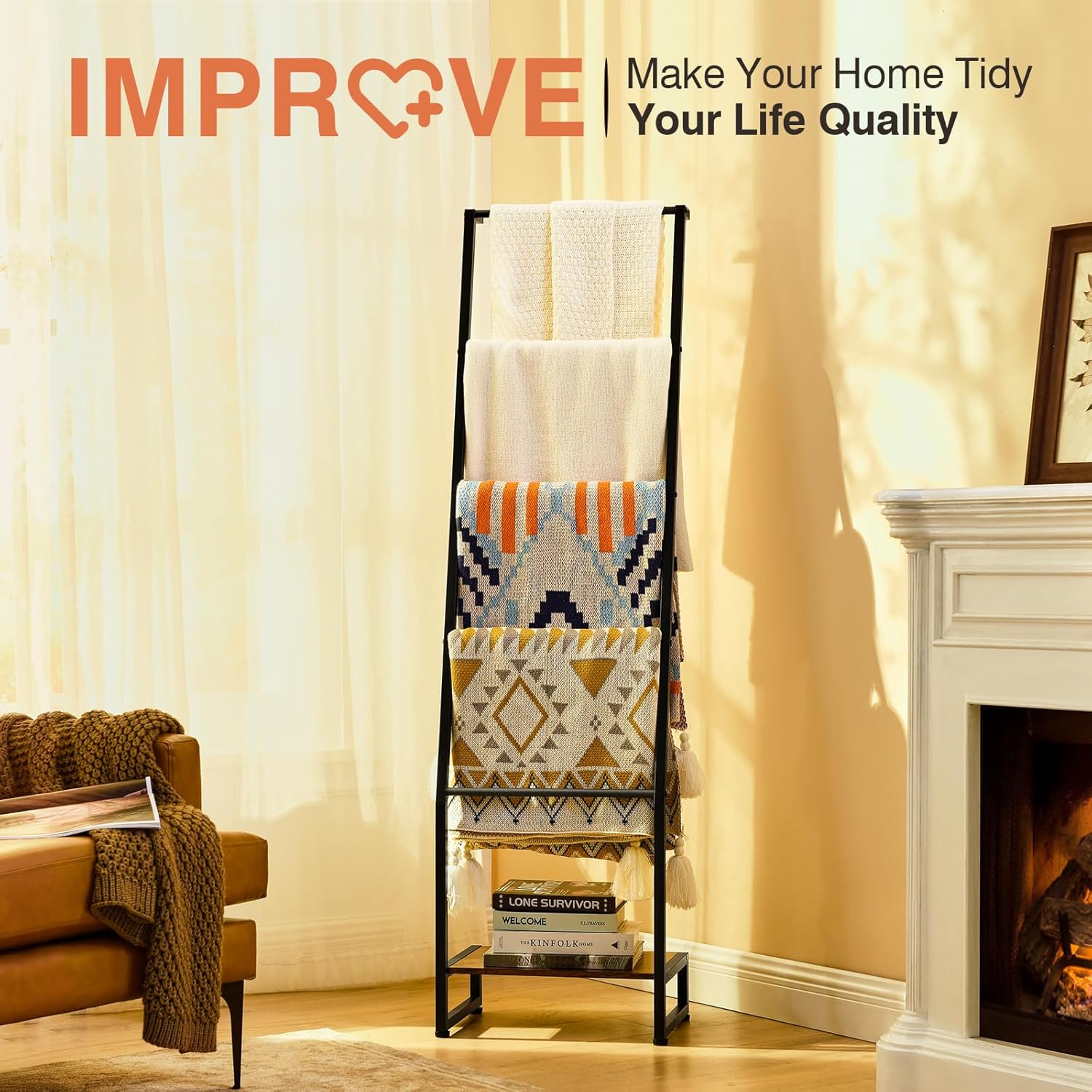5 Tier Wooden Blanket Ladder Rack, Rustic Brown and Black G4118