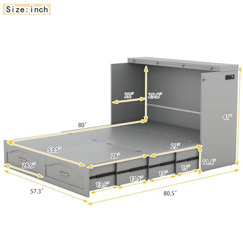 White Solid Wood Queen Size Murphy Bed with Storage and Bookcase Headboard L8840