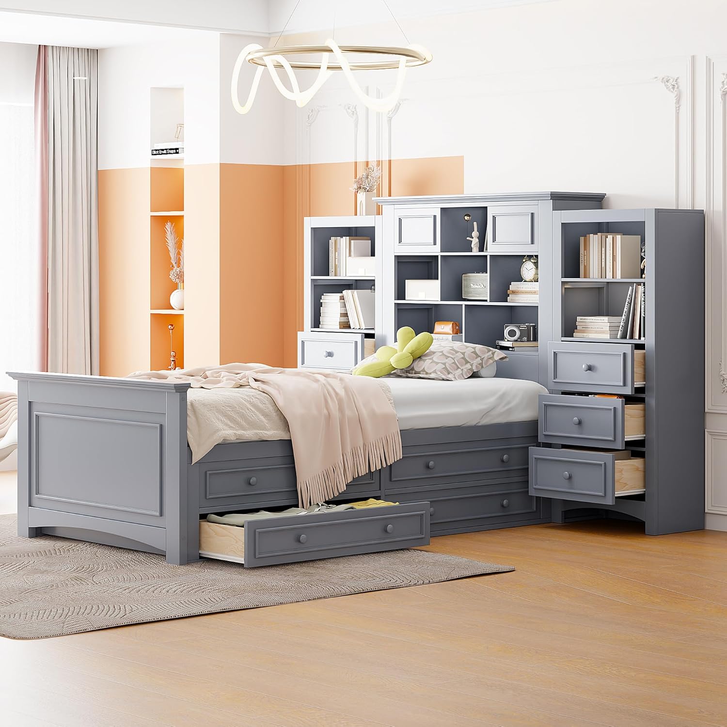 Gray Twin Size Wood Platform Bed Frame with Bookcase Headboard and 4 Drawers N968529