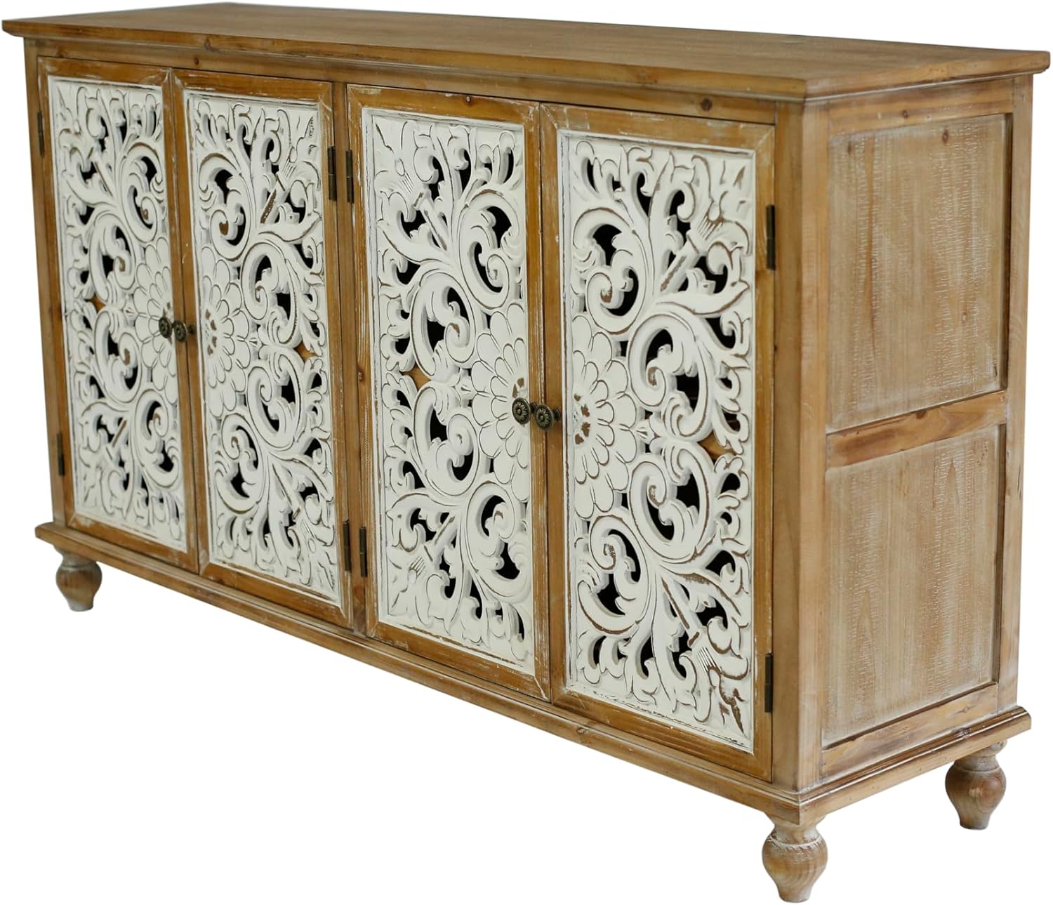 Accent Cabinet with 4 Doors and Wood Carved Floral Doors X834