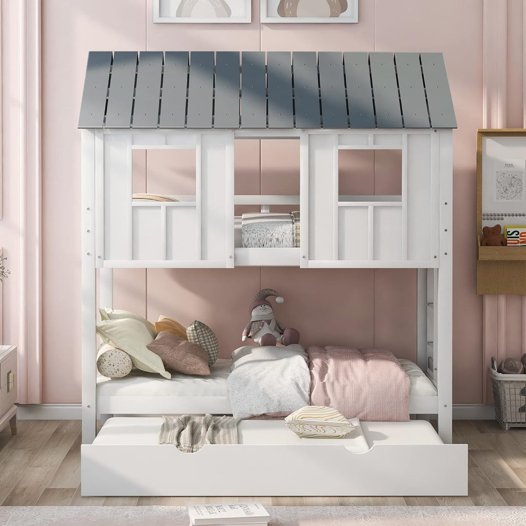 White Twin Over Twin Wood Bunk Beds with Trundle Q882589
