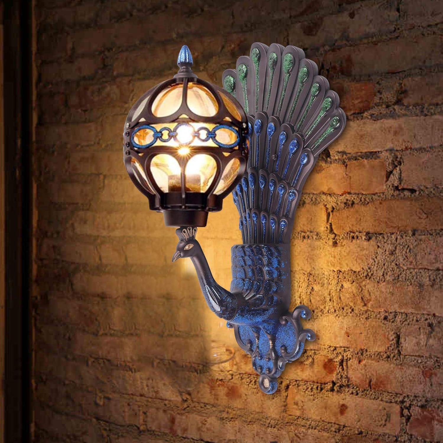 Peacock Wall Light Sconces, Metal and Glass Stained Wall Lamp, LED Antique Wall Mounted Lamp, E27 M72686