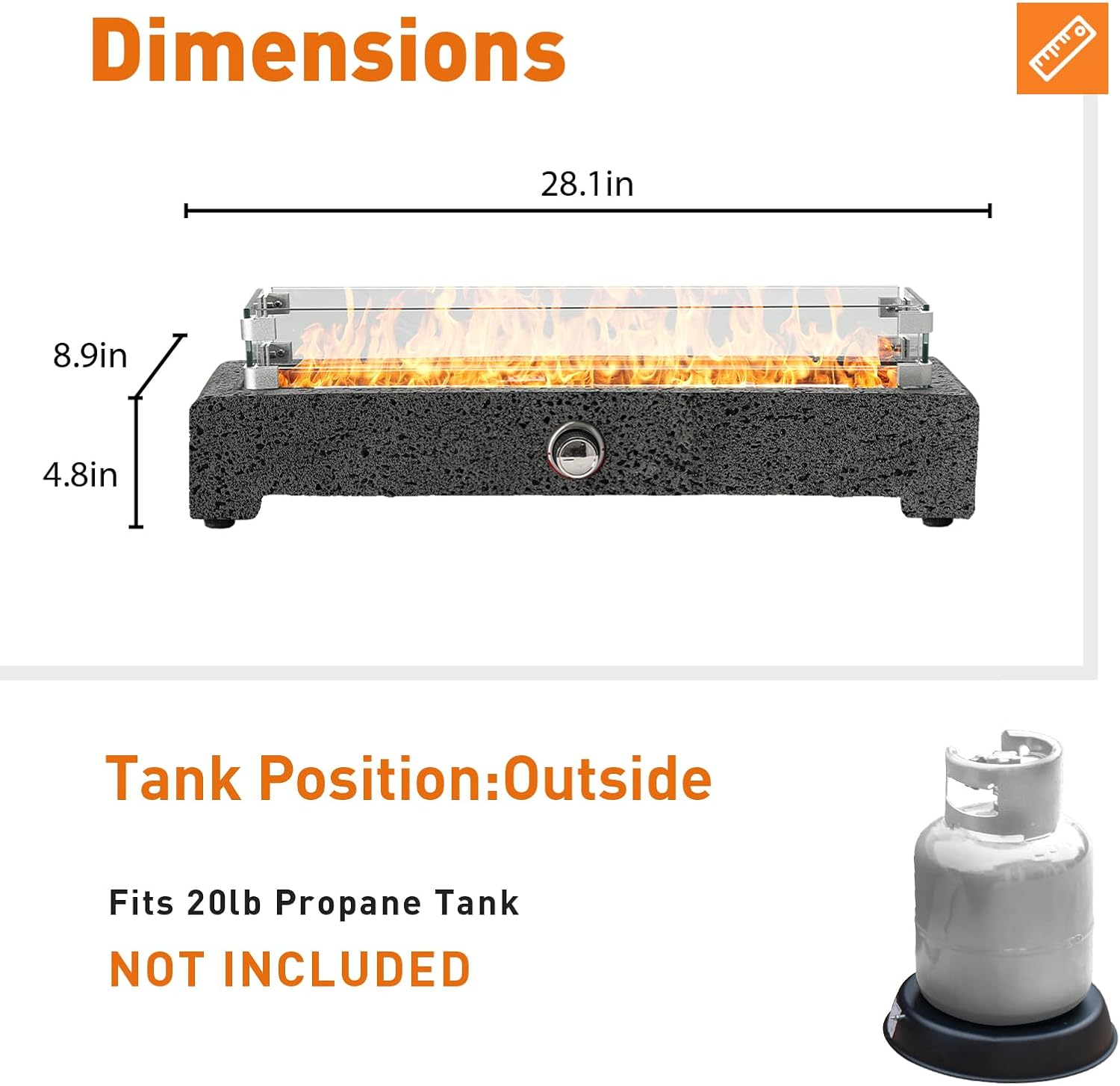 28" Tabletop Propane Fire Pit with Stainless Steel Burner and Glass Rocks Z1006