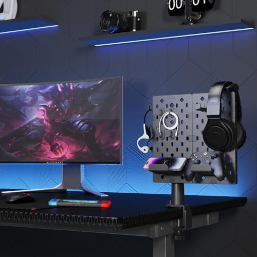 Modular Headphone and Controller Holder, Clamp-on Pegboard, Rotatable Controller Stand with Cable Hooks, 3Pcs Pegboard, Red E705903