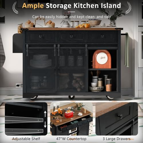 Black Farmhouse Kitchen Island with Power Outlet, 2 Sliding Barn Door, Drop Leaf, Spice Rack, Rolling Cart on Wheels E397