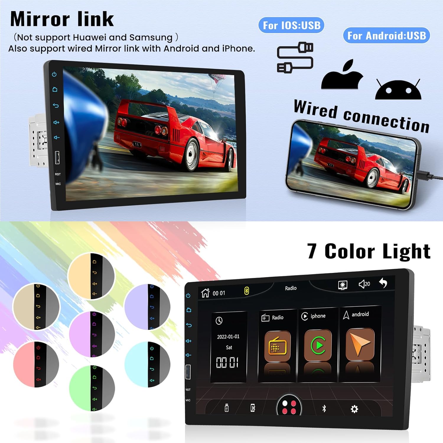 9 Inch Touchscreen Single Din Car Stereo with Wireless Carplay Android Auto Bluetooth FM EQ Backup Camera Car MP5 Player with Steering Wheel Control 7 Color Light MIC J7883