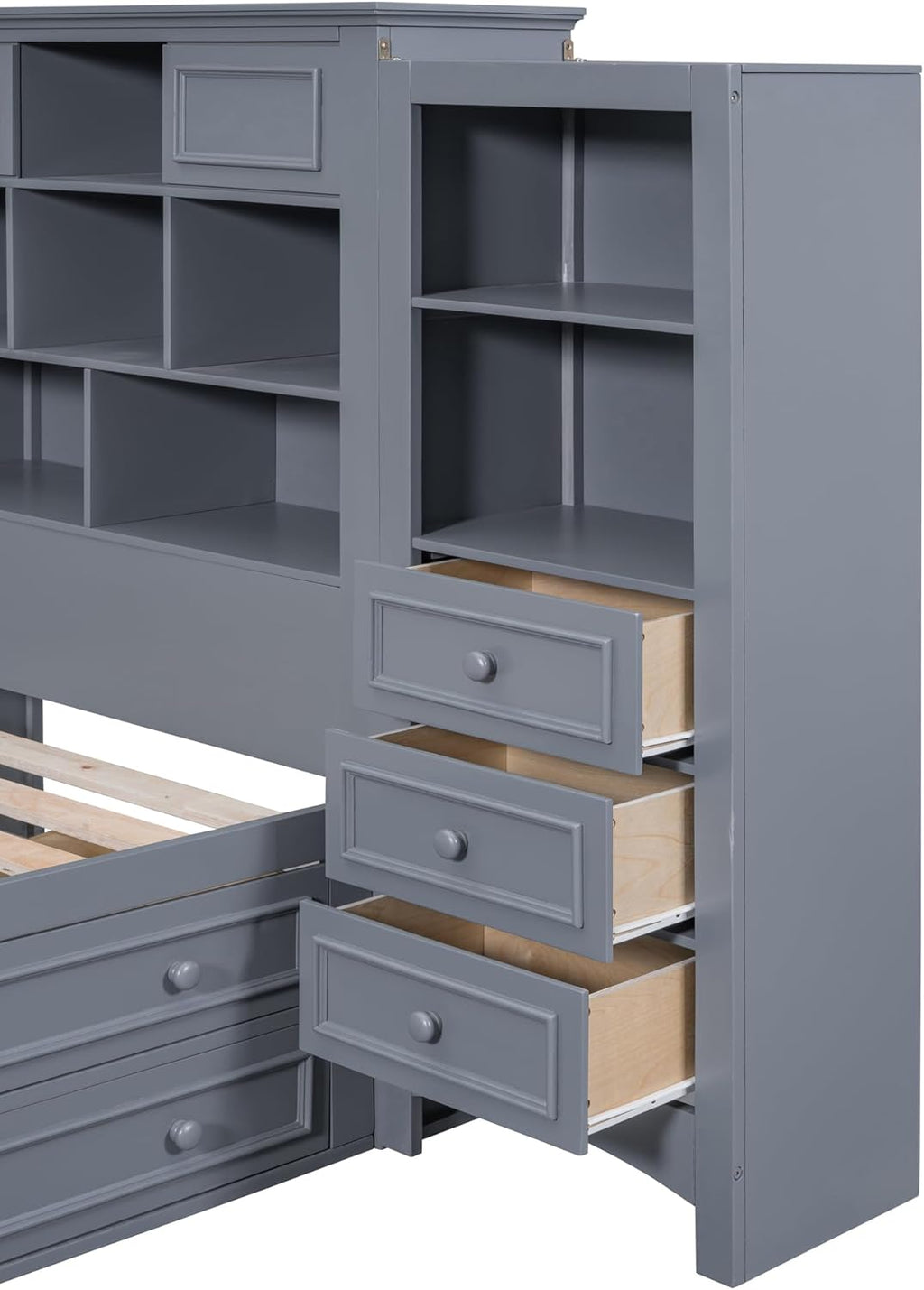 Gray Twin Size Wood Platform Bed Frame with Bookcase Headboard and 4 Drawers N968529