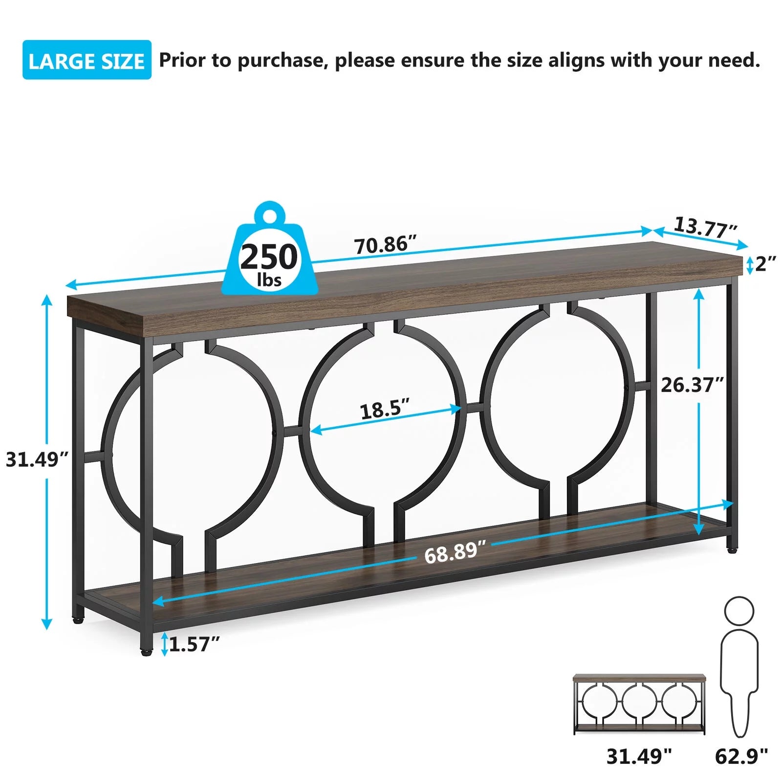 70.9" Extra Long Console Table, Rustic Brown & Black Z29269