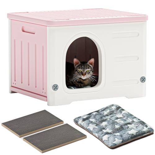 Green Stackable Plastic Cat House with Scratching Board & Cushion E5162