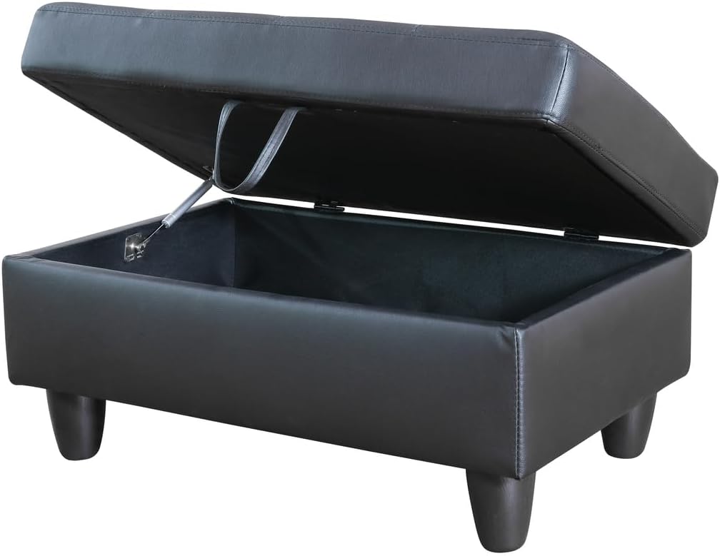 Black Faux Leather 3 Piece L Shape Sectional Sofa Set with Storage Ottoman G8817