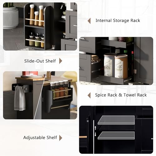 Grey Blue Rolling Kitchen Cart with 3 Drawers and Rubber Wood Top N244