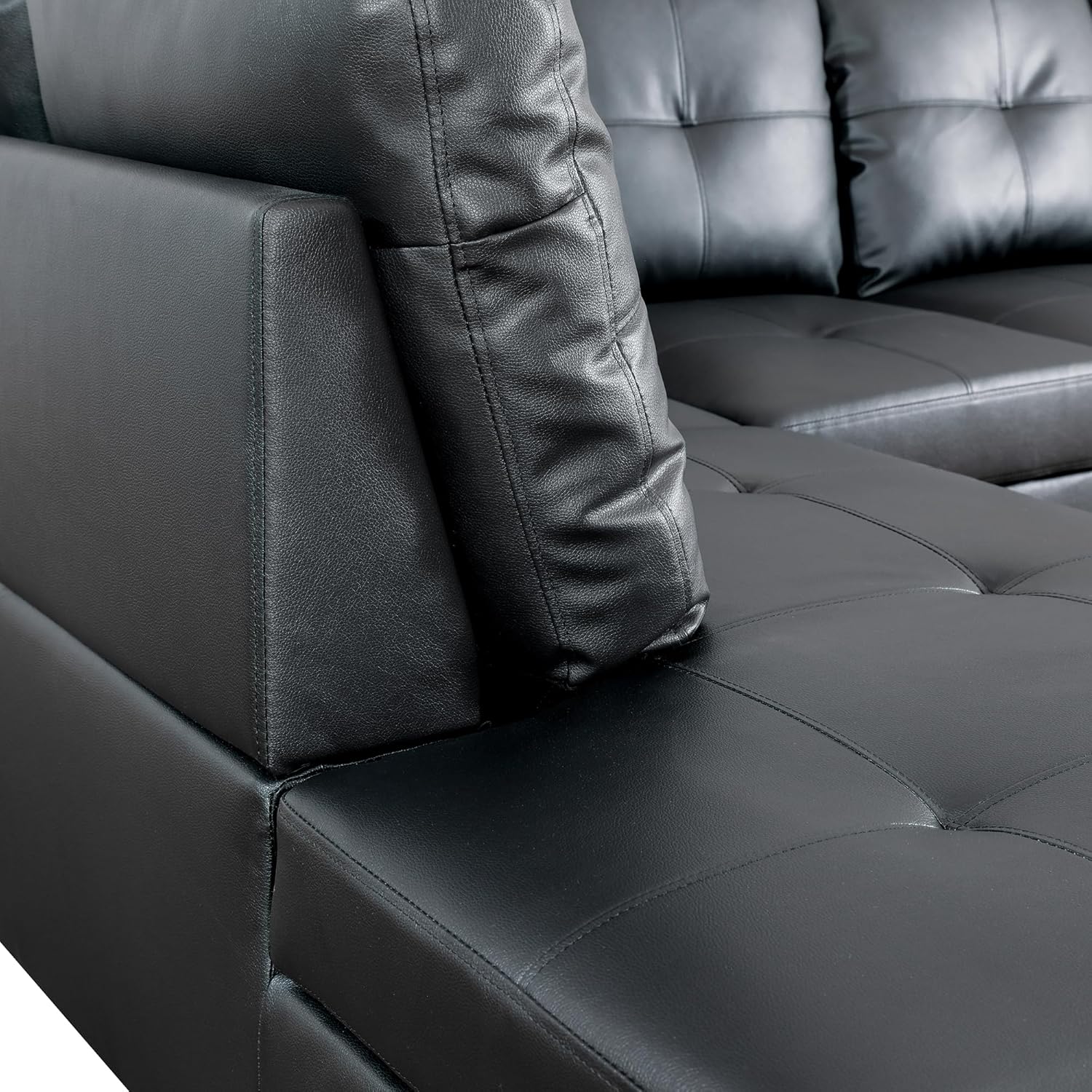 Black Faux Leather 3 Piece L Shape Sectional Sofa Set with Storage Ottoman G8817