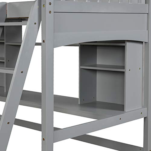 Full Size Solid Wood Loft Bed with Wardrobe and Desk K355457