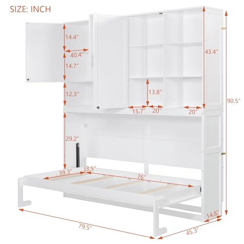 Twin Size Gray Murphy Bed Frame with Storage Cabinet and Shelves U651083