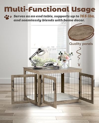 Greige Wooden Dog Crate with Bed Mat I7586