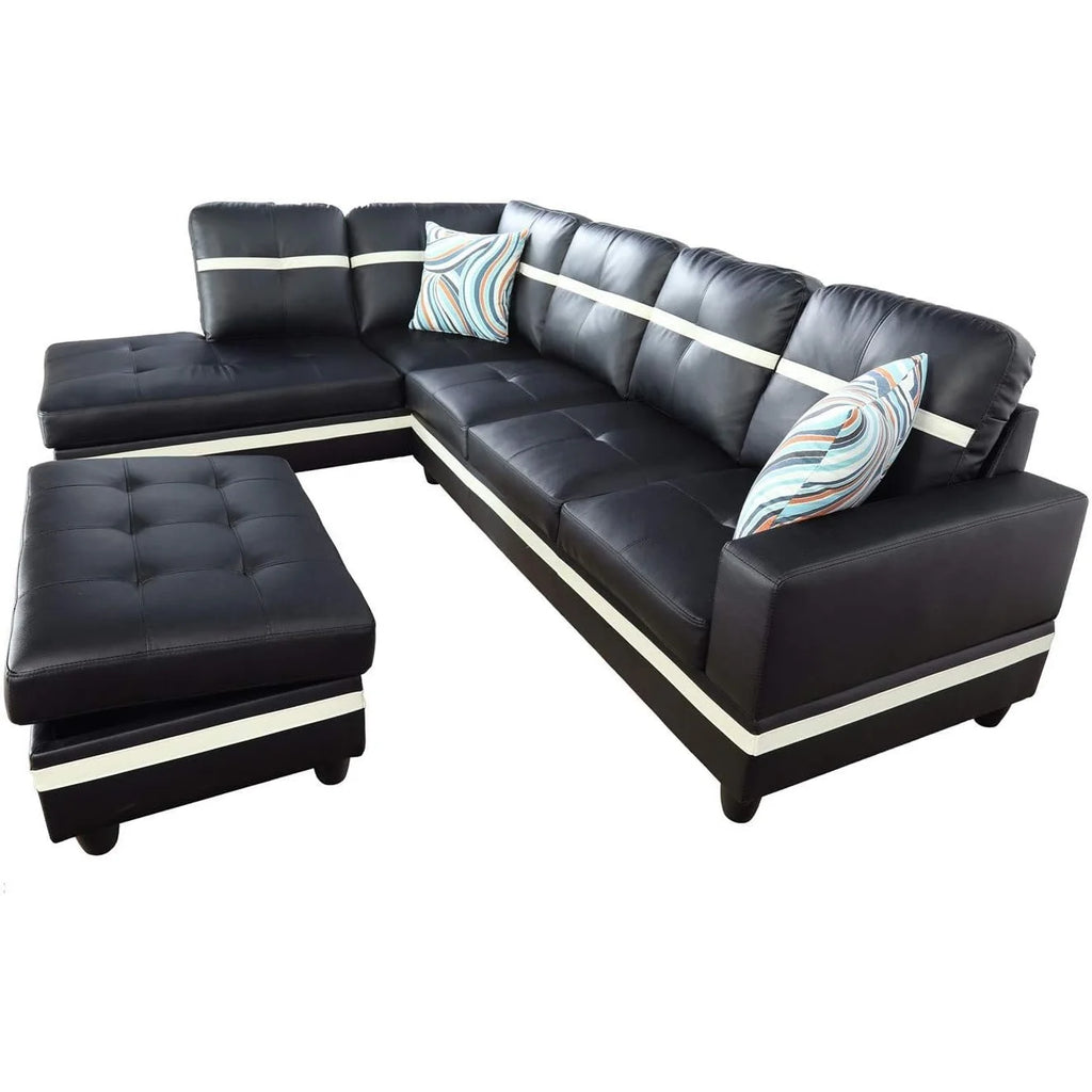 Black Leather 3-Piece L-Shaped Sectional Sofa Set with Ottoman Y3713