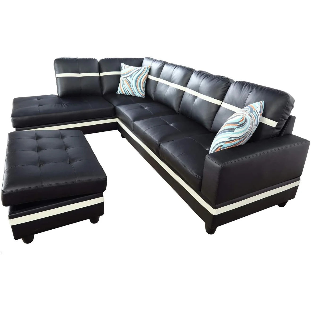 Black Leather 3-Piece L-Shaped Sectional Sofa Set with Ottoman Y3713