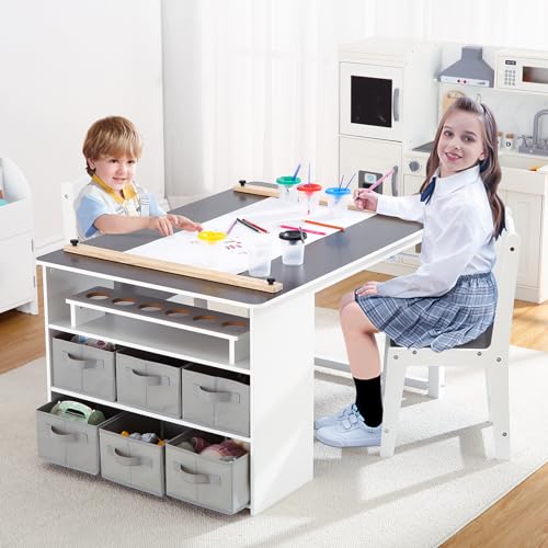 Kids Art Table and Chairs Set with Storage Desk and Art Supply Organizer W564409