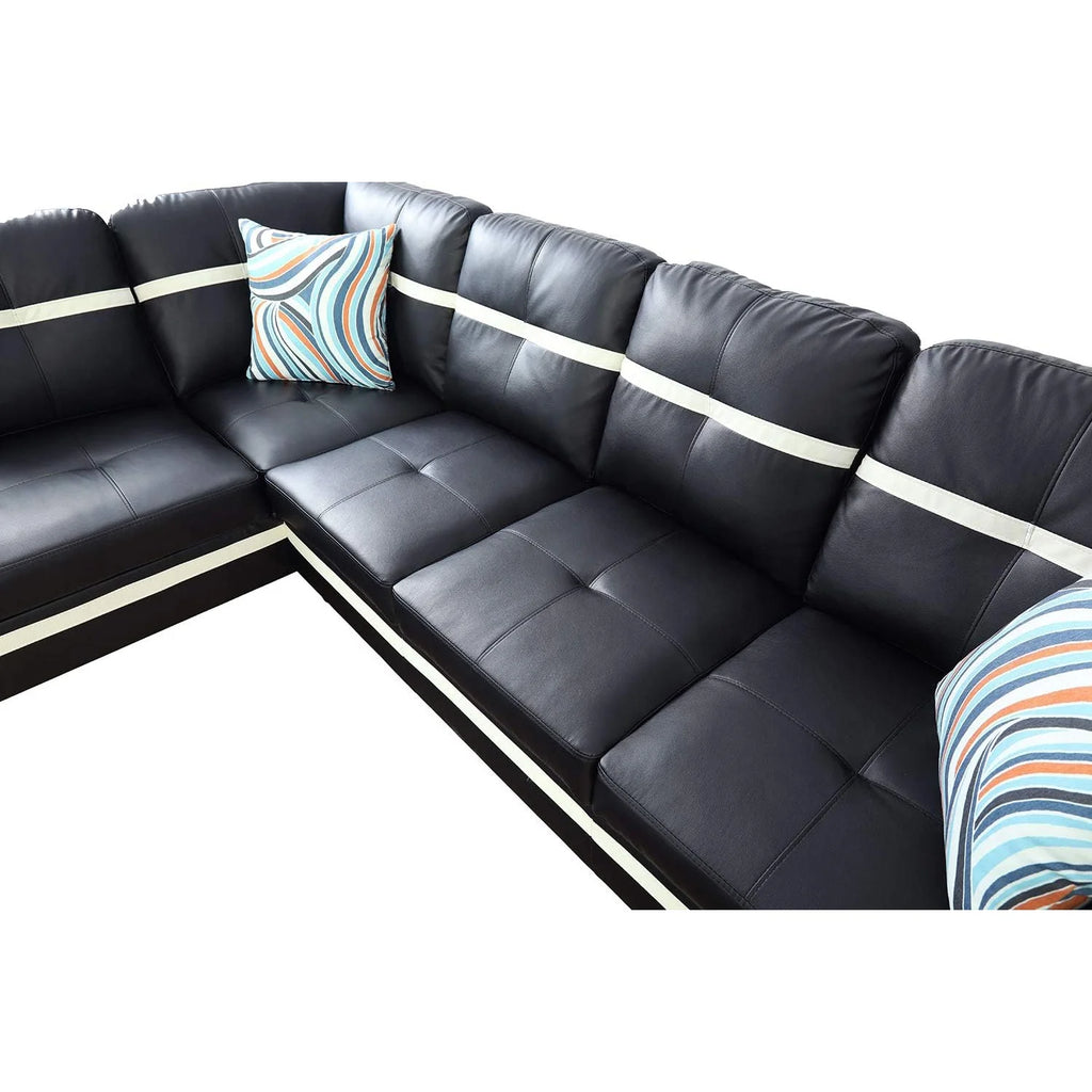 Black Leather 3-Piece L-Shaped Sectional Sofa Set with Ottoman Y3713