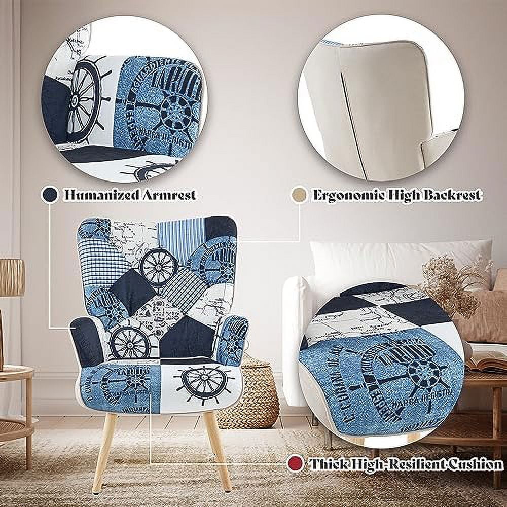Grey Plaid Upholstered Armchair with Wooden Base V3686